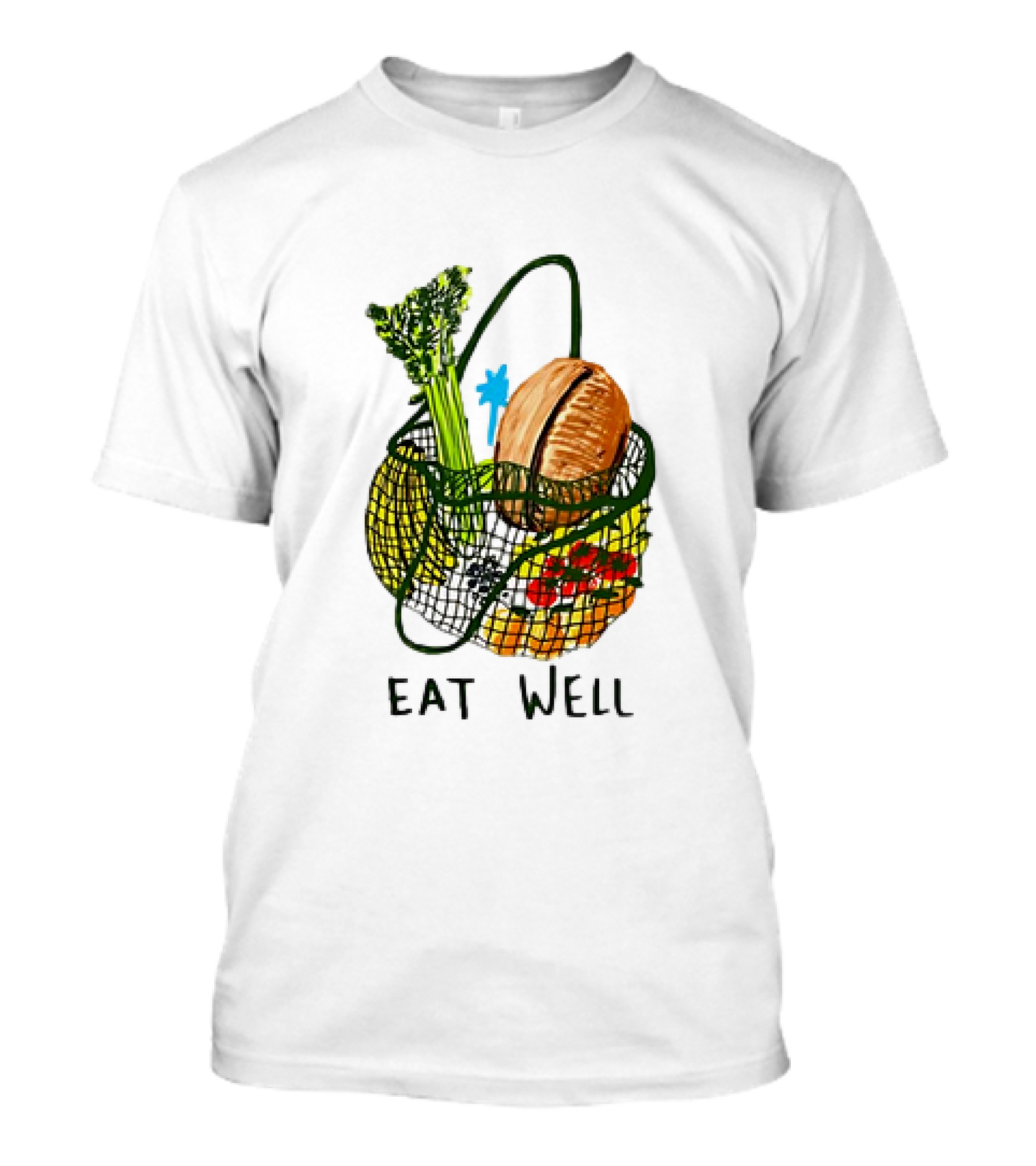 Eat Well Groceries In Mesh Bag With Baguette Broccoli Tomato T-Shirt