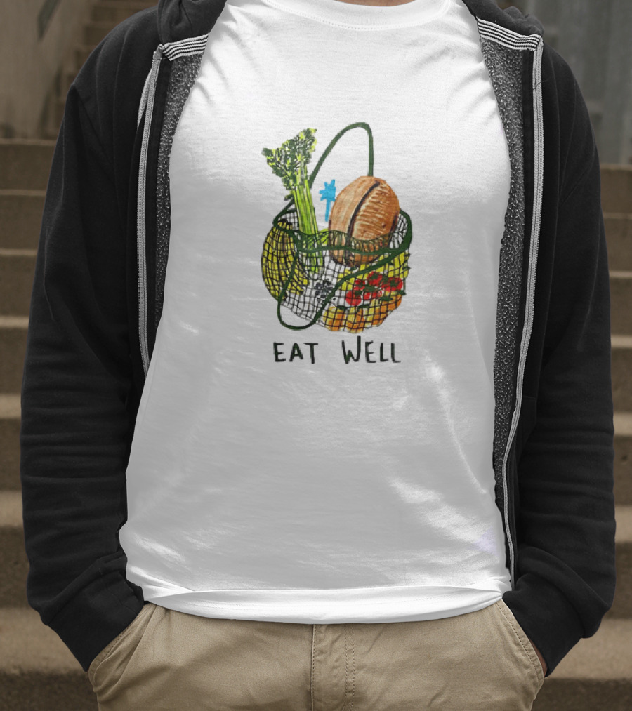 Eat Well Groceries In Mesh Bag With Baguette Broccoli Tomato T-Shirt