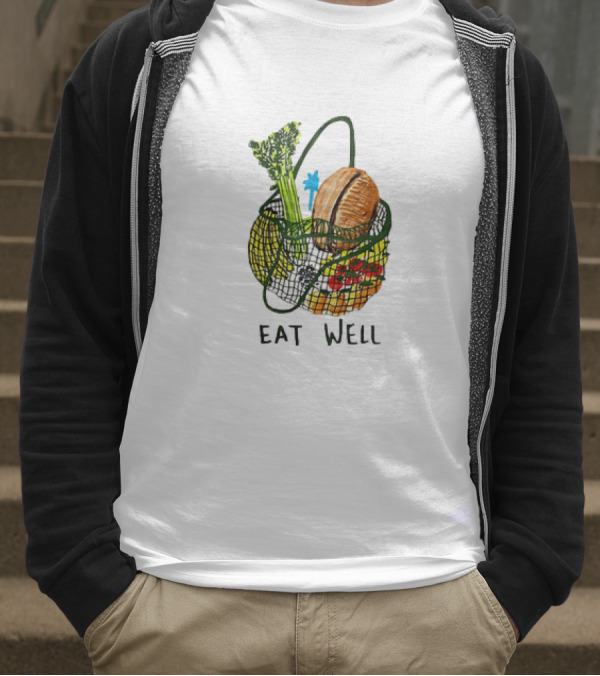 Eat Well Groceries In Mesh Bag With Baguette Broccoli Tomato T-Shirt