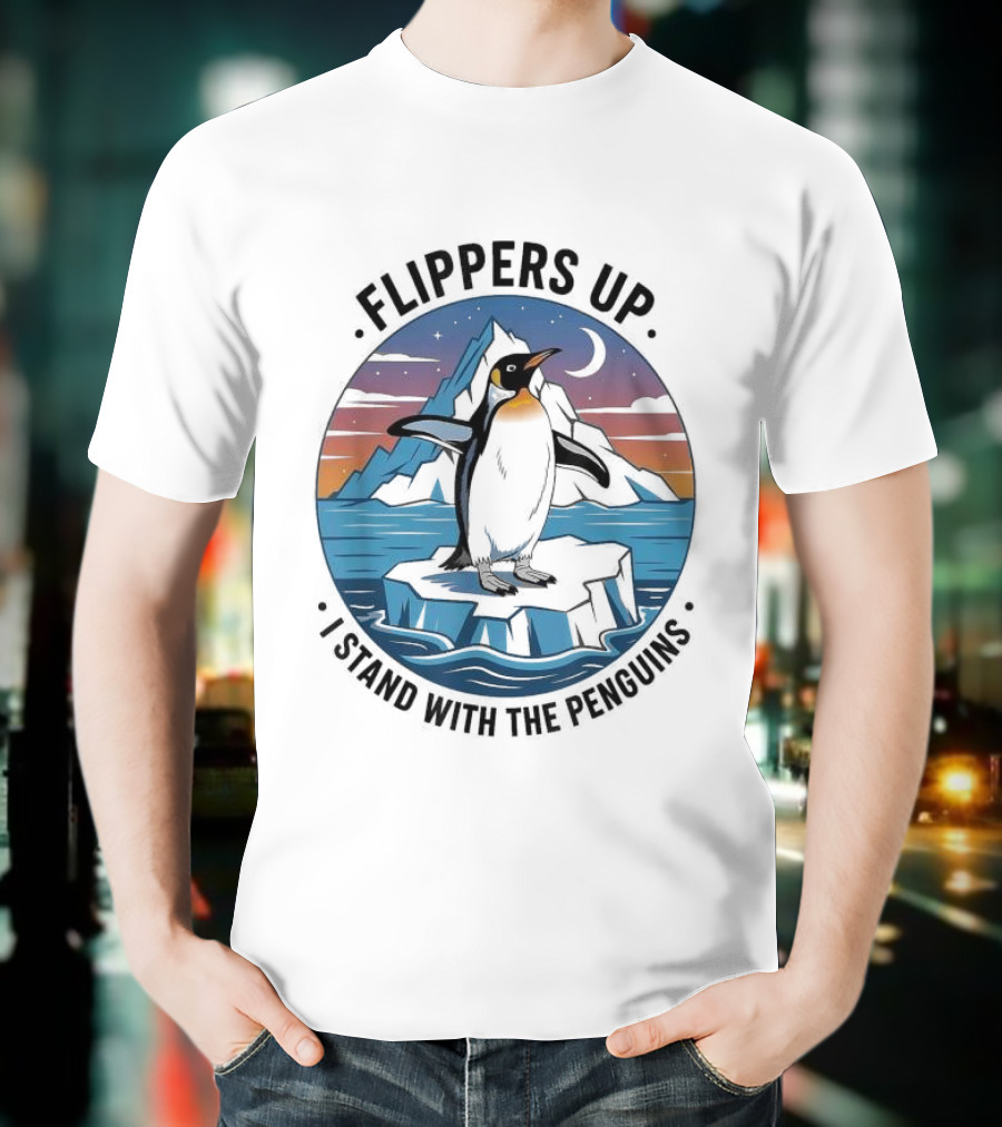Flippers Up I Stand With The Penguins Iceberg Sunset Scene T-Shirt