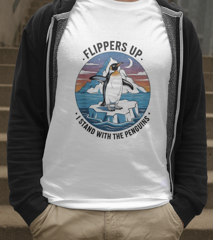 Flippers Up I Stand With The Penguins Iceberg Sunset Scene T-Shirt