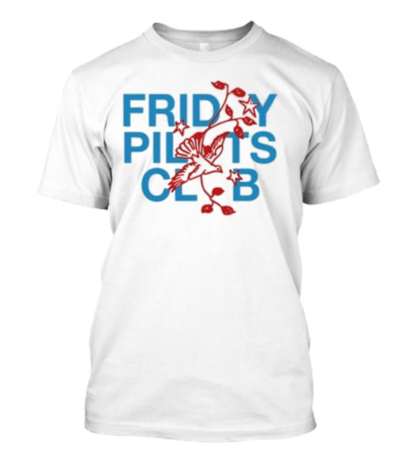 Friday Pilots Club Dove Red Bird Flowers Blue Text T-Shirt