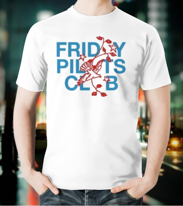 Friday Pilots Club Dove Red Bird Flowers Blue Text T-Shirt