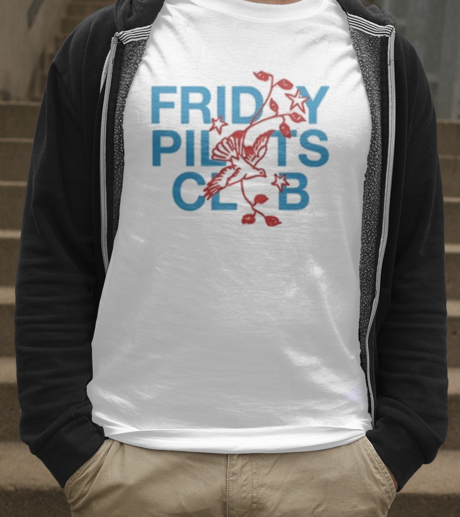 Friday Pilots Club Dove Red Bird Flowers Blue Text T-Shirt
