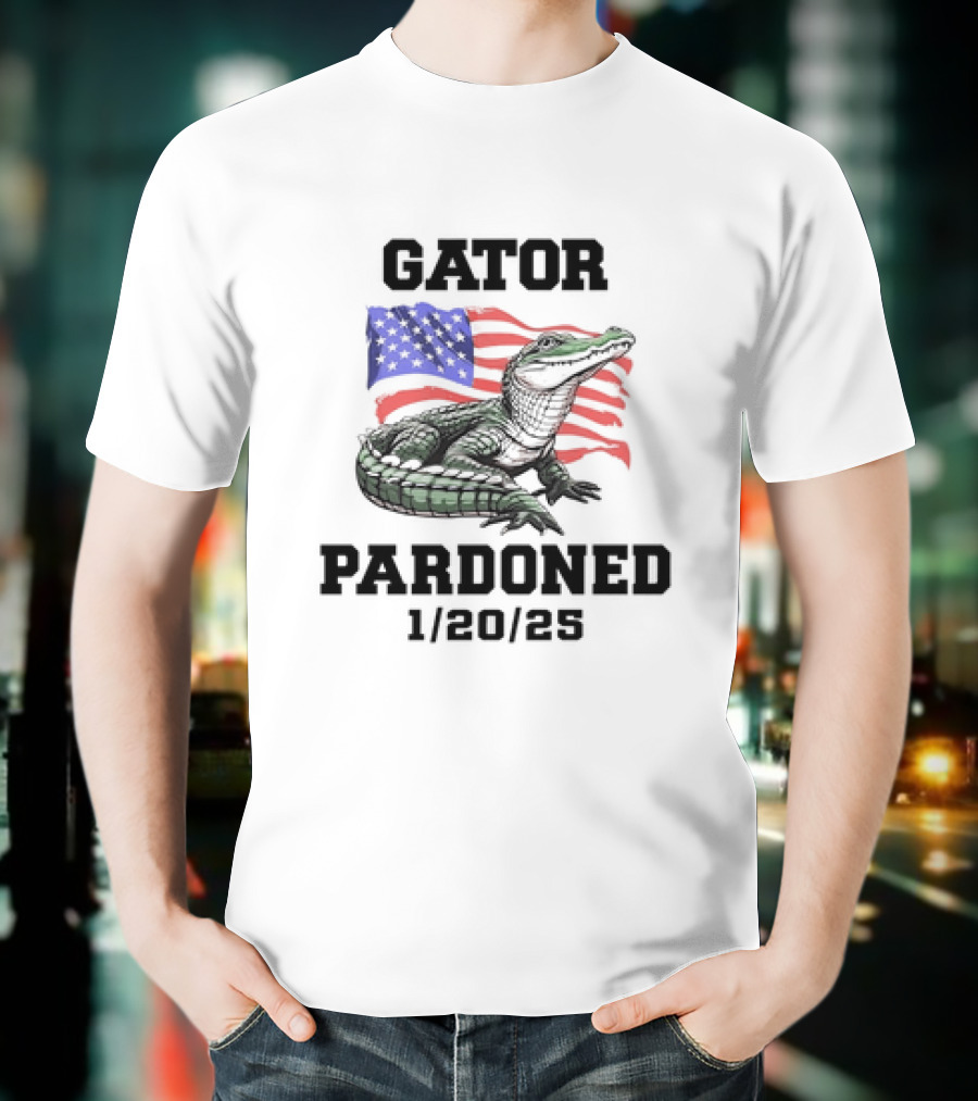Gator Pardoned 1 20 25 USA Flag American Alligator T-Shirt