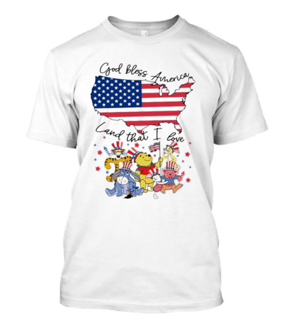 God Bless America Land That I Love Winnie The Pooh USA Flag T-Shirt