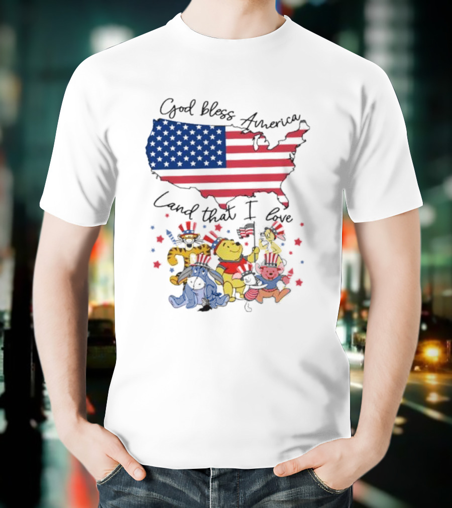 God Bless America Land That I Love Winnie The Pooh USA Flag T-Shirt