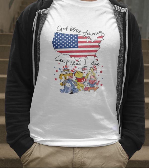 God Bless America Land That I Love Winnie The Pooh USA Flag T-Shirt