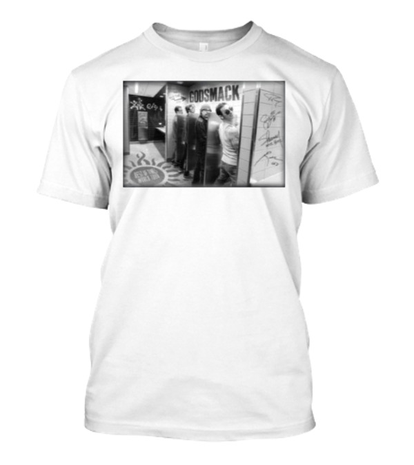 Godsmack Band Autographed Bathroom Photo With Guitar And Sun Symbol T-Shirt