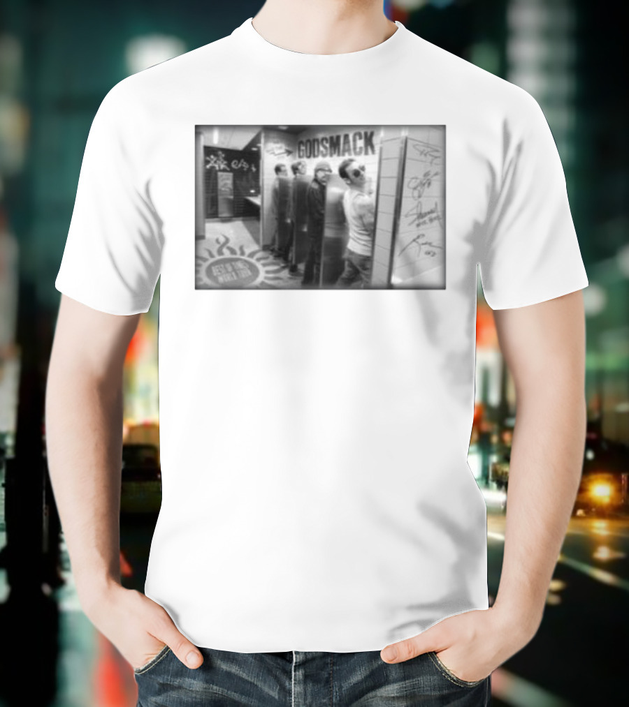 Godsmack Band Autographed Bathroom Photo With Guitar And Sun Symbol T-Shirt