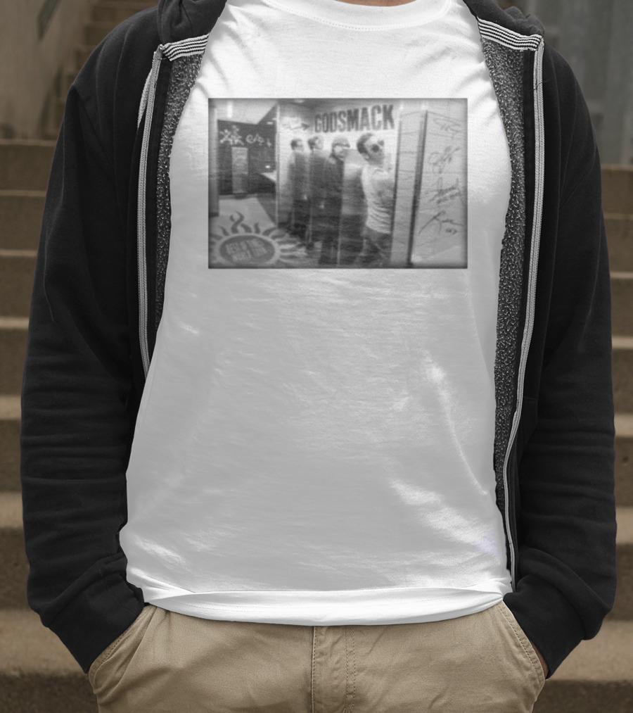 Godsmack Band Autographed Bathroom Photo With Guitar And Sun Symbol T-Shirt